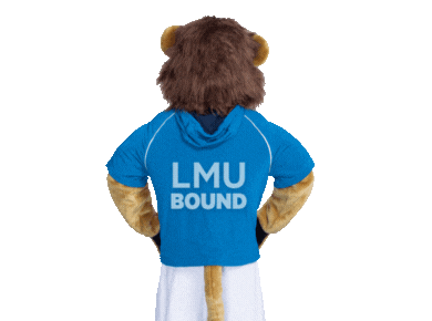 LMU's Mascot, Iggy the Lion's back with the words 